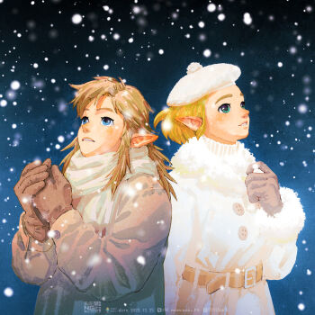 Rule 34 | 1boy, 1girl, alternate costume, belt, blonde hair, blue eyes, brown coat, brown gloves, brown hair, brown scarf, coat, commentary request, fuyumaru mominoki, gloves, green eyes, hat, highres, light smile, link, looking up, nintendo, parted lips, pointy ears, princess zelda, scarf, snowing, the legend of zelda, the legend of zelda: tears of the kingdom, white coat, white hat