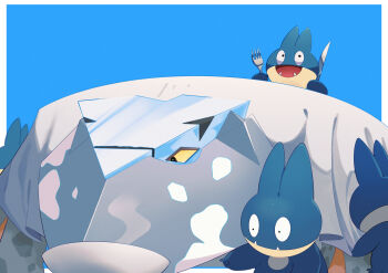 absurdres blue_background border bowl colored_sclera commentary commentary_request english_commentary fangs fork gen_4_pokemon highres hisuian_avalugg holding holding_fork holding_knife knife mixed-language_commentary munchlax nintendo open_mouth pokemon pokemon_(creature) simple_background u_tei white_border yellow_sclera