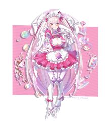 1girl antennae apron arthropod_girl arthropod_limbs artist_name bow bowtie breasts brooch cleavage_cutout closed_mouth clothing_cutout cockroach_girl colored_inner_hair cupcake donut dress facial_mark food grey_hair heart highres holding jewelry large_breasts long_hair macaron maid_headdress matara_kan menu milkshake mole mole_on_breast multicolored_hair orange_eyes pink_bow pink_bowtie pink_dress pink_hair pink_ribbon ribbon smile solo srinitybeast virtual_youtuber vshojo white_apron