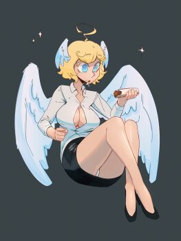 Rule 34 | 1girl, ahoge, angel, angel wings, black shoes, black skirt, blonde hair, blue eyes, borrowed character, breasts, cleavage, collared shirt, commentary, drooling, eating, english commentary, feathered wings, food, food on face, full body, gabi (snegovski), grey background, head wings, high heels, highres, holding, holding food, large breasts, long sleeves, looking at food, miniskirt, open mouth, original, panties, partially unbuttoned, pencil skirt, saliva, shibansfw, shirt, shoes, short hair, simple background, skirt, solo, taco, underwear, white panties, white shirt, wide-eyed, wings