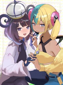 2girls aqua_hair bandeau black_dress black_hair black_mask blonde_hair blue_eyes blue_gloves blunt_bangs blush bob_cut breasts canari_(pokemon) cleavage closed_mouth coat criss-cross_straps dark-skinned_female dark_skin dress gloves gradient_hair gwynn_(pokemon) hat heart highres jacket long_sleeves looking_at_viewer mask mask_pull medium_breasts mega_stone mouth_mask multicolored_hair multiple_girls nintendo open_clothes open_coat open_mouth pants pantyhose partially_fingerless_gloves pokemon pokemon_legends:_z-a purple_eyes purple_hair ringosan2329 short_hair short_twintails smile split-color_hair sports_bra twintails two-tone_hair two-tone_mask two-tone_pants white_coat yellow_bandeau yellow_jacket yellow_mask yellow_sports_bra