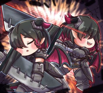 1girl armor armored_boots black_hair black_horns black_tail black_wings boots braid chibi chibi_only closed_eyes colored_inner_hair commentary_request cuirass dragon_girl dragon_horns dragon_tail dragon_wings evil_smile eye_trail full_body gauntlets grey_armor highres holding holding_sword holding_weapon horns huge_weapon kekewan leets_(trickcal) light_trail looking_at_viewer multicolored_hair multicolored_horns multiple_views on_one_knee open_mouth pointy_ears poleyn red_eyes red_hair red_horns red_tail red_wings sharp_teeth short_hair shoulder_armor single_braid smile streaked_hair swinging_weapon sword tail teeth trickcal two-tone_hair two-tone_horns two-tone_tail two-tone_wings weapon wings