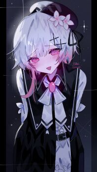 1girl arms_behind_back beret black_background black_hat brooch cherry_blossoms commentary_request cowboy_shot fang flower gradient_hair hair_flower hair_ornament hat highres jewelry long_sleeves looking_at_viewer mahou_shoujo_no_majo_saiban multicolored_hair neck_ribbon open_mouth pillarboxed pink_eyes pink_hair ribbon sakuraba_ema short_hair shorts simple_ice smile solo sparkle standing white_flower white_hair white_ribbon white_shorts x_hair_ornament