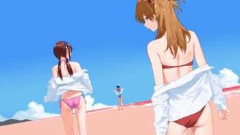 3girls absurdres ass ayanami_rei beach bikini blue_eyes blue_hair blue_one-piece_swimsuit blue_sky brown_hair cloud commentary_request from_behind highres horizon interface_headset_(evangelion) kinomiki lcl looking_at_viewer low_twintails makinami_mari_illustrious multiple_girls neon_genesis_evangelion ocean off_shoulder one-piece_swimsuit pink_bikini rebuild_of_evangelion red-framed_eyewear red_bikini red_ocean shirt sky souryuu_asuka_langley swimsuit swimsuit_under_clothes twintails white_shirt