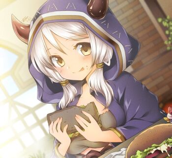 1girl :p ayamisiro breasts brick_wall brown_eyes camieux commentary_request draph dutch_angle food food_on_face granblue_fantasy grey_hair holding holding_food holding_sandwich hood hood_up horns long_hair looking_at_viewer plant sandwich smile solo tongue tongue_out twintails upper_body window