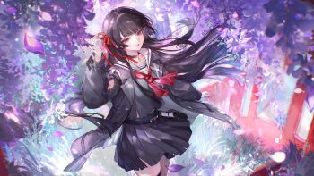 1girl black_hair black_jacket black_serafuku black_shirt black_skirt chinese_commentary chisa_(wuthering_waves) closed_mouth commentary_request hair_ribbon hand_up highres jacket long_hair looking_at_viewer neckerchief official_art pleated_skirt red_eyes red_neckerchief red_ribbon ribbon sailor_collar sanmen school_uniform serafuku shirt skirt solo white_sailor_collar wuthering_waves