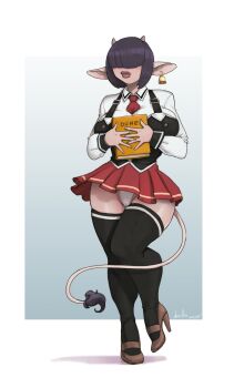 1girl animal_ears bell between_breasts bible_black black_hair black_thighhighs book breasts brown_shoes cow_ears cow_girl cow_horns cow_tail cowbell devilhs full_body hair_over_eyes high_heels highres holding holding_book horns large_breasts moira_(marmar) necktie necktie_between_breasts panties red_skirt school_uniform shoes short_hair skirt small_horns solo tail thighhighs underwear white_panties