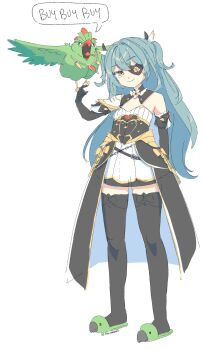 1girl 1other absurdres aqua_hair aquarake armor belt bird bird_on_hand black_belt black_collar black_dress black_gloves black_thighhighs bow_legwear chain_belt collar commentary dress elbow_gloves english_commentary english_text eyepatch flat_chest full_body gloves gold_trim green_slippers hand_up heart heart_eyepatch highres indie_virtual_youtuber long_hair looking_at_viewer loose_belt multicolored_dress omu-chan_(parrot4chan) parrot parrot4chan pauldrons print_eyepatch shoulder_armor shouting single_pauldron sleeveless sleeveless_dress slippers smile standing talking_animal thighhighs twitter_username two_side_up white_background white_dress yellow_eyes zettai_ryouiki