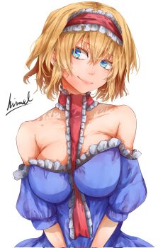 1girl alice_margatroid blonde_hair blue_dress blue_eyes breasts dress headband large_breasts nuru_himmel red_headband smile tagme touhou white_headband