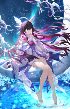 1girl absurdres black_hair choker closed_eyes closed_mouth collarbone columbina_(genshin_impact) dress falling_petals feathered_wings genshin_impact gradient_hair hair_ribbon highres long_hair multicolored_hair multiple_wings petals pink_hair pink_petals ribbon sitting smile solo thigh_strap tongyu very_long_hair white_choker white_dress white_ribbon wings