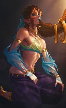 2boys absurdres arabian_clothes blue_eyeliner blue_lips brown_hair crossdressing crossdressing_(mtf) dark-skinned_male dark_skin detached_sleeves easterhands eyeliner ganondorf gerudo_set_(zelda) hand_on_another&#039;s_chin harem_pants highres link makeup male_focus mouth_veil multiple_boys nintendo pants pointy_ears purple_pants simple_background solo_focus the_legend_of_zelda the_legend_of_zelda:_breath_of_the_wild the_legend_of_zelda:_tears_of_the_kingdom toned toned_male trap veil yaoi