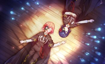 2girls black_hair blue_eyes cape closed_eyes commentary_request game_cg gloves hair_ornament hair_over_one_eye hair_ribbon highres indoors jewelry long_sleeves lying multiple_girls official_art ootori_kokona open_mouth purple_hair red_cape red_hair ribbon shizuka_(world_dai_star) short_hair smile third-party_source white_gloves wooden_floor world_dai_star