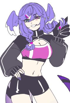 1girl absurdres alternate_costume bike_shorts black_jacket blue_eyes braid breasts cleavage commentary cowboy_shot english_commentary gads_koookwee hair_ornament hairclip hand_on_own_hip head_wings heterochromia highres jacket long_hair long_sleeves looking_at_viewer medium_breasts midriff navel nijisanji nijisanji_en open_clothes open_jacket purple_eyes purple_hair purple_nails purple_tail purple_tank_top selen_tatsuki simple_background smile solo tank_top twin_braids virtual_youtuber white_background wings