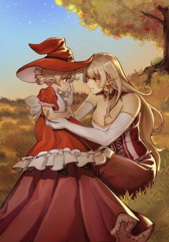 2girls alice_(genshin_impact) bandaid bandaid_on_arm blonde_hair breasts cleavage closed_mouth dress elbow_gloves genshin_impact gloves grass hat highres klee_(genshin_impact) large_breasts long_hair long_skirt looking_at_another multiple_girls outdoors parted_lips pointy_ears red_dress red_eyes red_skirt short_twintails sitting skirt sky smile soratxn star_(sky) starry_sky strapless strapless_dress tears tree twintails white_gloves witch_hat