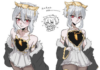 Rule 34 | 1girl, bare shoulders, black jacket, blush, chibi, code vein ii, commentary request, dress, eikou (rkgk eikou), exposed heart, fur-trimmed jacket, fur trim, gold trim, hair between eyes, headpiece, highres, hole in chest, hole on body, jacket, jacket partially removed, kintsugi, lou magmell, multiple views, pantyhose, red eyes, short hair with long locks, sidelocks, simple background, smile, white background, white dress, white hair