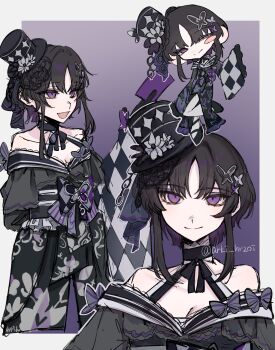arki_hrzoi artist_name bare_shoulders black_gloves black_hair black_kimono border bow butterfly_hair_ornament checkered_sleeves commentary_request deformed flower furisode gloves gradient_background hair_ornament hat hat_flower highres housho_margo japanese_clothes kimono lolita_fashion long_sleeves looking_at_viewer mahou_shoujo_no_majo_saiban mini_hat mini_top_hat multiple_views neck_ribbon obi off_shoulder parted_bangs purple_background purple_eyes ribbon sash short_hair signature top_hat wa_lolita white_border wide_sleeves