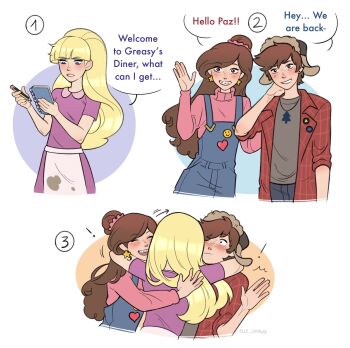 ! 1boy 2girls ^^^ aged_up apron arm_around_neck arms_around_neck badge blonde_hair blue_overalls blue_pants blunt_bangs blush breasts brother_and_sister brown_eyes brown_hair brown_shirt button_badge collared_dress collared_shirt denim dipper_pines dress ear_piercing earrings elle_draws flustered freckles glomp gravity_falls grin group_hug hair_ornament hair_scrunchie half_updo hand_on_another&#039;s_back hand_on_own_neck happy hat highres holding holding_notepad holding_pencil hug jeans jewelry long_hair looking_down mabel_pines multiple_girls nervous_smile notepad open_clothes open_shirt overalls pacifica_northwest pants parted_lips pencil piercing pink_lips pink_sweater plaid_clothes plaid_shirt purple_dress red_shirt scrunchie shirt siblings sleeves_rolled_up small_breasts smile stained_clothes star_(symbol) star_earrings surprised sweater topknot tree_necklace turtleneck turtleneck_sweater twins ushanka waist_apron waving_arm