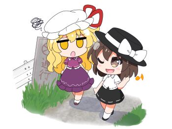 2girls :d annoyed black_hat black_shoes black_skirt blouse brown_eyes brown_hair brown_shoes chibi collared_shirt commentary frilled_shirt_collar frilled_sleeves frills grass happy hat hat_ribbon highres jitome long_hair maribel_hearn medium_hair mob_cap multiple_girls musical_note no_nose one_eye_closed open_mouth outdoors path puffy_short_sleeves puffy_sleeves purple_shirt purple_skirt red_ribbon ribbon ribbon-trimmed_skirt ribbon-trimmed_sleeves ribbon_trim rizleting road shirt shoes short_sleeves sign skirt smile socks split_mouth squiggle taboo_japan_disentanglement touhou translated untucked_shirt usami_renko very_long_hair walking white_hat white_shirt white_socks yellow_eyes