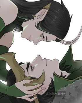 1boy 1girl absurdres alien antennae artist_name artzaisha black_hair bridal_gauntlets commentary couple diamond-shaped_earrings eye_contact fake_horns fur_trim green_bridal_gauntlets green_eyes guardians_of_the_galaxy hair_slicked_back hetero highres horned_headwear horns loki_(marvel) long_hair looking_at_another mantis_(marvel) marvel marvel_rivals pointy_ears profile smile thor_(marvel)_(series) white_background