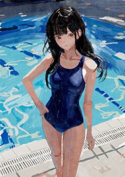 1girl arm_at_side black_hair blue_one-piece_swimsuit brown_eyes closed_mouth colorful commentary_request day expressionless feet_out_of_frame hand_on_own_hip long_hair looking_at_viewer oil_painting_(medium) one-piece_swimsuit open_mouth original painting_(medium) pool school_swimsuit solo standing summer swimsuit traditional_media wispy_bangs yozoramu