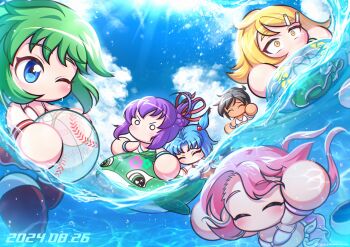 2024 5girls absurdres ball beachball bikini black_hair blonde_hair blue_eyes blue_hair blue_sky braid closed_eyes cloud cloudy_sky dark-skinned_female dark_skin green_hair hair_ornament hair_ribbon hairclip half_up_braid hayakawa_aoi high_ponytail highres holding holding_ball holding_beachball inflatable_dolphin inflatable_toy innertube jikkyou_powerful_pro_yakyuu jikkyou_powerful_pro_yakyuu_(style) kawahoshi_homura long_hair low_twintails multiple_girls no_mouth o_o ocean one_eye_closed one_side_up outdoors oyama_miyabi parmesan_(zan_parmesanne) partially_submerged pink_hair ponytail purple_hair rayman_limbs red_ribbon ribbon rokudou_hijiri short_hair sky smile splashing swim_ring swimsuit tachibana_mizuki_(pawapro) tachikawa_hiromi twintails white_bikini yellow_eyes