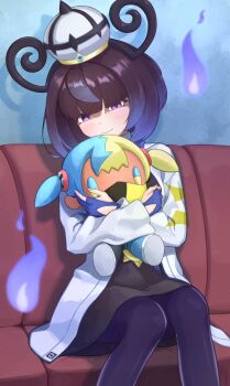 1girl black_dress black_hair black_pantyhose blue_gloves blunt_bangs blush bob_cut canari_plush_(pokemon) character_doll closed_mouth coat couch doll dress fire ganze_382 gloves gradient_hair gwynn_(pokemon) hashtag-only_commentary hat highres holding holding_doll long_sleeves looking_at_viewer multicolored_hair nintendo on_couch pantyhose partially_fingerless_gloves pokemon pokemon_legends:_z-a purple_fire purple_hair short_hair sitting solo white_coat