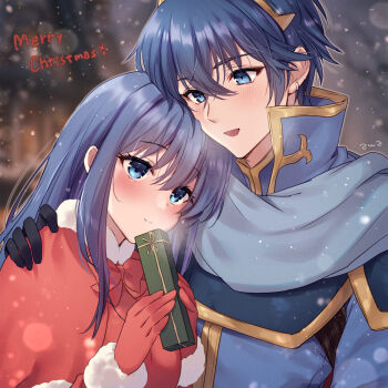 1boy 1girl :d alternate_costume awayuki_ramika blue_eyes blue_hair breasts breath caeda_(fire_emblem) christmas commentary_request couple fire_emblem fire_emblem:_mystery_of_the_emblem gift hand_on_another's_shoulder hetero highres holding holding_gift long_hair marth_(fire_emblem) medium_breasts merry_christmas nintendo open_mouth smile tiara