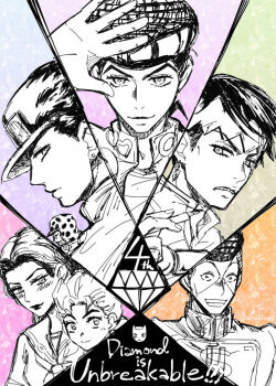 clenched_teeth commentary_request copyright_name diamond_wa_kudakenai dollar_sign earrings facial_mark frown gakuran greyscale_with_colored_background grin hat heart hirose_koichi hisohiso_(altoblue) holding holding_pen jewelry jojo_no_kimyou_na_bouken joseph_joestar joseph_joestar_(old) killer_queen kishibe_rohan kuujou_joutarou lipstick makeup nib_pen_(object) nijimura_okuyasu pen pompadour school_uniform serafuku signature smile stud_earrings teeth undercut yamagishi_yukako yen_sign