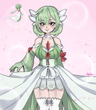 1girl a.c._hunter arm_behind_back artist_name bare_shoulders blush bob_cut bow choker collarbone corset detached_sleeves earrings female_focus gardevoir garter_straps gen_3_pokemon gloves green_gloves green_hair green_shirt green_sleeves hair_between_eyes hair_ornament happy humanization jewelry long_sleeves looking_at_viewer mega_stone nintendo official_art_inset parted_lips pink_background pointy_ears pokemon red_bow red_eyes shirt short_hair signature skirt smile solo standing straight-on thighhighs white_choker white_skirt white_thighhighs