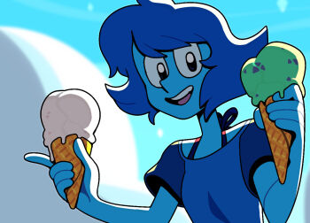 1girl blue_hair blue_shirt blue_skin colored_skin discount-supervillain holding holding_ice_cream_cone ice_cream_cone lapis_lazuli_(steven_universe) shirt short_hair smile solo steven_universe t-shirt teeth upper_teeth_only
