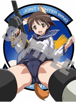 1girl 501st_joint_fighter_wing_(emblem) animal_ears blue_one-piece_swimsuit blue_sailor_collar brown_eyes brown_hair commentary_request dog_ears dog_girl dog_tail gun happy holding holding_gun holding_weapon miyafuji_yoshika official_art one-piece_swimsuit open_mouth sailor_collar sample_watermark school_uniform second-party_source short_hair solo spread_legs strike_witches striker_unit swimsuit swimsuit_under_clothes tail type_99_cannon watermark weapon world_witches_series
