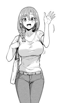 1girl bag belt braid breasts commentary_request cowboy_shot greyscale hair_over_shoulder highres large_breasts looking_at_viewer monochrome open_mouth original pants shirt short_sleeves simple_background single_braid smile solo teeth t~t upper_teeth_only waving white_background