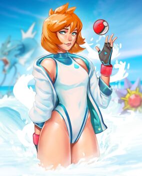 1girl artist_name beach black_gloves blue_eyes breasts competition_swimsuit covered_navel day fingerless_gloves gen_1_pokemon gloves gyarados highleg holding holding_poke_ball jacket lips looking_at_viewer misty_(pokemon) n3tninja nintendo nose ocean off_shoulder one-piece_swimsuit open_clothes open_jacket orange_hair outdoors poke_ball poke_ball_(basic) pokemon pokemon_(creature) pokemon_gsc pokemon_hgss short_hair small_breasts smile solo_focus standing starmie swimsuit thighs wading water waves white_jacket white_one-piece_swimsuit
