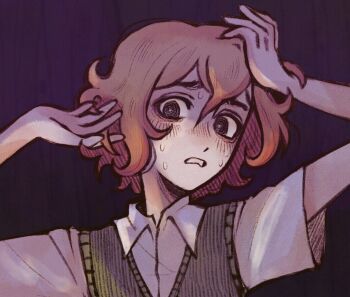 Rule 34 | 1boy, alternate eye color, arms up, basil (faraway) (omori), basil (omori), black eyes, blonde hair, blush, bright pupils, collared shirt, commentary, double-parted bangs, english commentary, green sweater vest, hair between eyes, highres, looking at viewer, male focus, omori, ottie pops, parted lips, shirt, short hair, short sleeves, sidelocks, solo, sweat, sweater vest, upper body, white pupils, white shirt