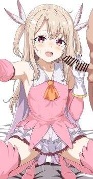 1boy 1girl absurdres bar_censor breasts censored commentary_request fate/kaleid_liner_prisma_illya fate_(series) gloves hair_ornament hetero highres illyasviel_von_einzbern long_hair maru_(asroc7233) open_mouth penis prisma_illya red_eyes small_breasts squatting thighhighs variant_set white_gloves