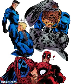 6+boys absurdres artist_name bara black_gloves black_hair blonde_hair blue_bodysuit blue_eyes blush bodysuit brown_hair colossus_(x-men) cyclops_(x-men) deadpool deadpool_(series) deepthroat erection fantastic_four fellatio gloves grey_hair highres johnny_storm large_pectorals male_focus marvel mask mask_lift multicolored_bodysuit multiple_boys muscular muscular_male nipples oral pectorals penis peter_parker phausto red_bodysuit reed_richards short_hair spider-man spider-man_(series) squatting teeth two-tone_bodysuit visor x-men yaoi