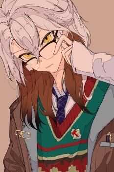 Rule 34 | 1other, absurdres, adjusting eyewear, blue necktie, brown background, brown hair, brown jacket, glasses, green vest, hair over eyes, hand up, highres, jacket, long hair, looking over eyewear, medicine pocket, medicine pocket (the cosmos photographer), multicolored hair, necktie, official alternate costume, reverse:1999, shirt, solo, two-tone hair, upper body, vest, white hair, white shirt, xiao jin caoooooooi, yellow eyes
