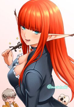 Rule 34 | 1boy, 1girl, black choker, blue eyes, blunt bangs, blush, breasts, chibi, choker, cleavage, commentary request, creature, grey hair, grey horns, highres, homo tenta, horns, hulkenberg (metaphor: refantazio), long hair, long sleeves, looking at viewer, masatoshi 1219, medium breasts, metaphor: refantazio, pointy ears, red hair, short hair, strohl (metaphor: refantazio), sweatdrop, twitter username