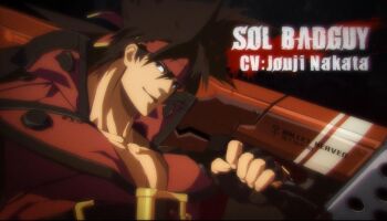 1boy 3d anime_screenshot arc_system_works brown_hair fingerless_gloves gloves guilty_gear guilty_gear_xrd headband highres long_hair male_focus non-web_source official_art over_shoulder ponytail sol_badguy solo sword sword_over_shoulder weapon weapon_over_shoulder