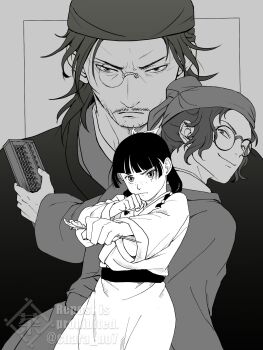 Rule 34 | 1girl, 2boys, blunt bangs, blunt ends, chara no7, clenched hands, commentary request, cowboy shot, facial hair, facial mark, freckles, furrowed brow, glasses, grey background, greyscale, hair ribbon, half updo, hat, highres, holding hairpin, kusuriya no hitorigoto, lahan (kusuriya no hitorigoto), lakan (kusuriya no hitorigoto), long hair, maomao (kusuriya no hitorigoto), monochrome, monocle, multiple boys, mustache, parted bangs, ribbon, robe, round eyewear, smirk, twitter username, upper body, white robe