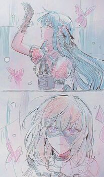 Rule 34 | 2girls, arm up, bang dream!, bang dream! it's mygo!!!!!, black corset, black gloves, black ribbon, blonde hair, blue hair, bug, butterfly, clothing cutout, corset, doloris (bang dream!), gloves, hair between eyes, hair ribbon, highres, insect, long hair, maybecrosswise, medium hair, misumi uika, multiple girls, oblivionis (bang dream!), purple eyes, red shirt, ribbon, shirt, shoulder cutout, togawa sakiko, yellow eyes