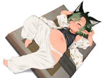 1girl a-maki_tasuke absurdres animal_ears black_hair black_tank_top bow bow_panties cat_ears closed_eyes clothes_pull commentary commentary_request commission english_commentary final_fantasy final_fantasy_xiv flat_chest full_body green_hair highres lalafell loli lying multicolored_hair navel on_back open_clothes open_shirt pajamas panties pants pants_pull pointy_ears short_hair skeb_commission sleeping solo tank_top two-tone_hair underwear warrior_of_light_(ff14) white_panties