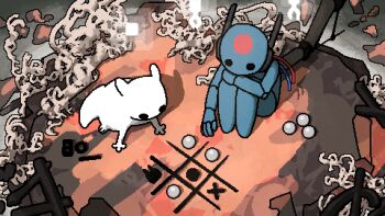 1girl barefoot blue_skin cable circle_facial_mark colored_skin creature cross facial_mark forehead_mark grey_background highres ifriedudon iterator_(rain_world) joints looking_down looks_to_the_moon monster neuron_fly_(rain_world) no_mouth nude on_ground pearl_(rain_world) pixel_art rain_world robot robot_ears robot_girl robot_joints rock slugcat survivor_(rain_world) tic-tac-toe vegetation white_fur