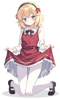 Rule 34 | 1girl, absurdres, black hairband, black shoes, blonde hair, blush, clothes lift, dress, dress lift, full body, green eyes, hairband, highres, idolmaster, idolmaster cinderella girls, kneeling, long sleeves, looking at viewer, pantyhose, pinafore dress, red dress, sakurai momoka, setteiset, shirt, shoes, simple background, sleeveless, sleeveless dress, smile, solo, white background, white pantyhose, white shirt