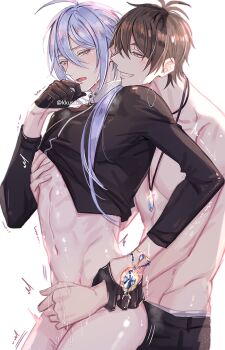 2boys abs ahoge arched_back ass black_gloves black_pants black_shirt blue_eyes blue_gem blue_hair blush bottomless brown_eyes brown_hair clothes_lift commentary_request cowboy_shot crystal_necklace edmond_(nu_carnival) eiden_(nu_carnival) gem glint gloves grin groin hair_between_eyes hair_over_shoulder half-closed_eyes half_gloves hand_on_own_chin handjob head_on_another's_shoulder head_rest heavy_breathing high_collar highres holding_another's_wrist kkusako long_hair long_sleeves looking_at_another low_ponytail male_focus male_underwear motion_lines multiple_boys navel nipple_stimulation nu_carnival pants ponytail precum reach-around saliva shirt shirt_lift simple_background smile sweat tearing_up toned toned_male topless_male trembling twitter_username underwear white_background white_male_underwear yaoi