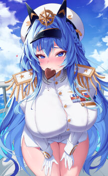 Rule 34 | 1girl, absurdres, armband, badge, bent over, blue armband, blue eyes, blue hair, blue sky, blush, braid, breasts, bursting breasts, button gap, candy, chocolate, chocolate heart, chu.n, commentary, epaulettes, food, gloves, goddess of victory: nikke, hair between eyes, hair intakes, hands on own thighs, hat, heart, heart-shaped food, helm (nikke), highres, huge breasts, leaning forward, long hair, long sleeves, looking at viewer, military, military hat, military uniform, mouth hold, naval uniform, ocean, outdoors, peaked cap, short shorts, shorts, sky, solo, thighs, very long hair, water, white gloves, white shorts