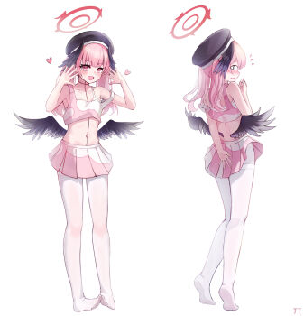 <|>_<|> 1girl :d absurdres alternate_costume arm_behind_back back bare_shoulders beret black_choker black_hat black_wings blue_archive blunt_bangs blush breasts choker clenched_hand clothes_lift collarbone commentary covering_ass covering_privates crop_top embarrassed feathered_wings feet flying_sweatdrops furrowed_brow halo hand_up hands_up happy hat head_wings heart highres jtmika koharu_(blue_archive) legs long_hair looking_at_viewer low_wings miniskirt multiple_views navel no_shoes nose_blush open_mouth outstretched_hand pantyhose pink_hair pink_shirt pink_skirt pleated_skirt red_eyes red_halo shirt signature simple_background skirt skirt_lift sleeveless sleeveless_shirt small_breasts smile soles standing stomach strap_slip thighband_pantyhose tiptoes toes twintails two-tone_shirt two-tone_skirt white_background white_pantyhose white_shirt white_skirt wind wind_lift winged_halo wings
