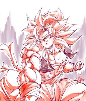 1boy blue_eyes blue_sash body_fur dougi dragon_ball dragon_ball_gt dragon_ball_z_dokkan_battle gogeta highres long_hair male_focus metamoran_vest monkey_boy monkey_tail muscular muscular_male ota_ta999 pants pectorals red_fur red_hair saiyan sash simple_background sketch smirk solo spiked_hair super_saiyan super_saiyan_4 tail