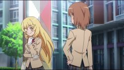 2020 20s 2girls all_fours anger_vein angry animated anime_screenshot annoyed audible_speech blonde_hair blush bow bowtie breast_envy breast_hold breasts brown_eyes brown_hair brown_jacket collared_shirt constricted_pupils crossed_arms day defeat despair embarrassed english_audio grey_skirt hair_ornament hairpin highres jacket large_breasts long_hair matching_hair/eyes misaka_mikoto multiple_girls o_o outdoors red_bow red_bowtie school_uniform shaded_face shirt shokuhou_misaki short_hair skirt sound surprised sweatdrop thighhighs toaru_kagaku_no_railgun toaru_majutsu_no_index tokiwadai_school_uniform video white_eyes wide-eyed winter_uniform yellow_eyes