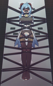 1girl bdsm bell blindfold blue_hair bondage bound bound_toes breasts covered_erect_nipples crying drooling duct_tape female_focus full_body gag gagged ganyu_(genshin_impact) genshin_impact hitachi_magic_wand horns improvised_gag large_breasts restrained sex_toy solo stationary_restraints twintails vibrator xiao_chai_hu